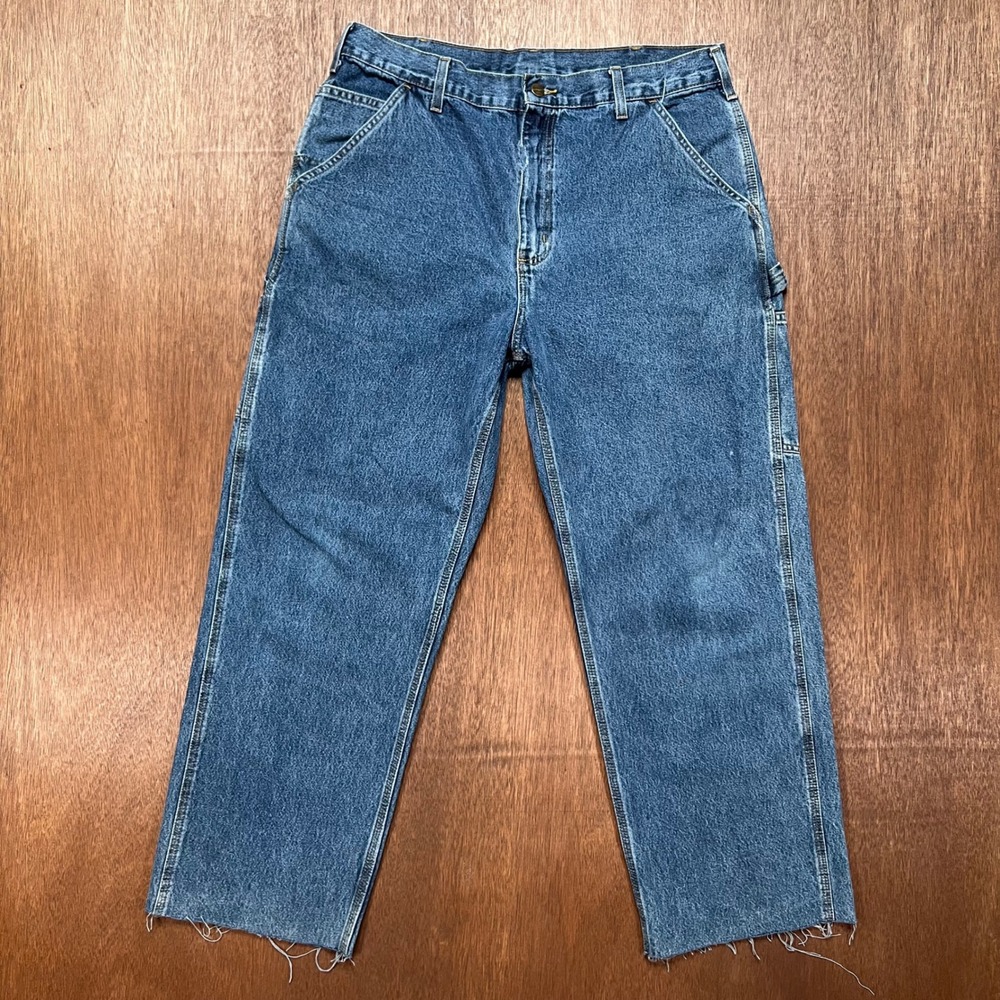 Carhartt Carpenter Jeans Blue Denim Utility Work Pants Raw Hem 36x28
